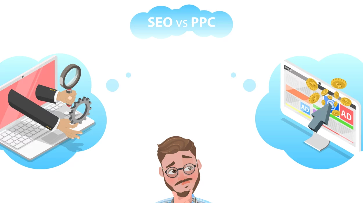 a cartoon man deciding between SEO and PPC